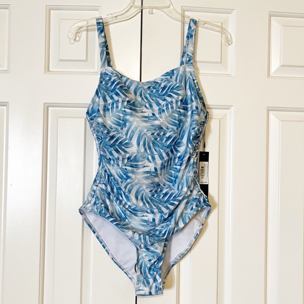 NWT Catherine Malandrino One Piece Blue Leaf Print Swimsuit w/ Ruching. Medium